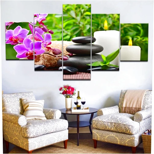 ASATTI 5 Pieces Canvas Prints Wall Art Beautiful Butterfly Orchid Stone Bamboo Board Of Zen HD Painting For Modern Home Living Room Bedroom Office Wall Decoration Space Decor Room Posters Framed