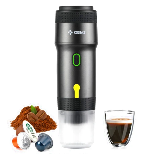 Kssiaz Portable Espresso Machines, Electric Espresso Maker with Self-Heating, USB-C & Car Charger, 20 Bar Mini Coffee Maker With NS Capsule & Ground Coffee for Camping, Hiking, Travel, RV, Black