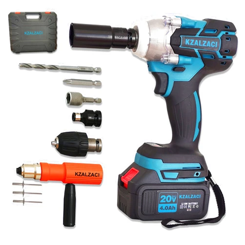 Kzalzaci 1/2 Inch Cordless Impact Wrench, 300ft-lbs Max Torque, Brushless Motor, 2pcs 20V 4.0Ah Li-ion Battery, Sockets, Riveting Kit, Drill Bits, Screwdriver Kit