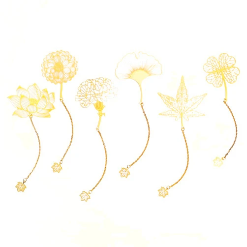 Arycki 6 Pack Metal Bookmarks with Chain,Unique Leaf Plant Gifts Bookmark,Golden Hollow Bookmark for Book Lovers,Women,Men,Writers, Readers, Children, Teens, Adults