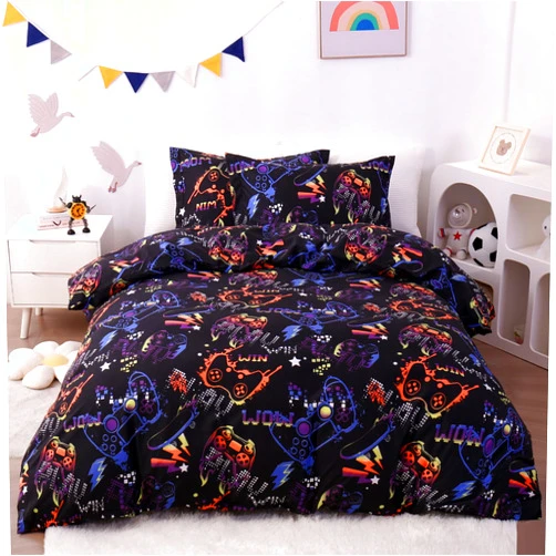 JSD Black Gamer Kids Duvet Cover Set Queen Size, 3 Piece Teens Printed Microfiber Comforter Cover with Pillow Sham Zipper Closure, Comforter Not Included