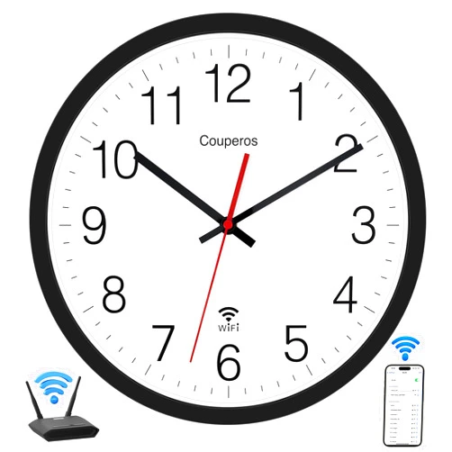 Couperos WiFi Wall Clock with Auto-DST 12 Inch, Silent Non-Ticking Round Modern Battery Powered Clock Smart Analog WiFi Clock for Home Office Kitchen Bathroom