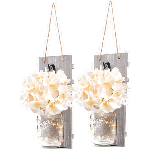 iDECOE Premium Mason Jar Wall Decor Sconces - Rustic Grey Decorative Wall Decor with LED String Lights, 6 Hours Auto Timer, Wrought Iron Hooks, Silk Hydrangea Flower for Home Decoration (Set of 2)