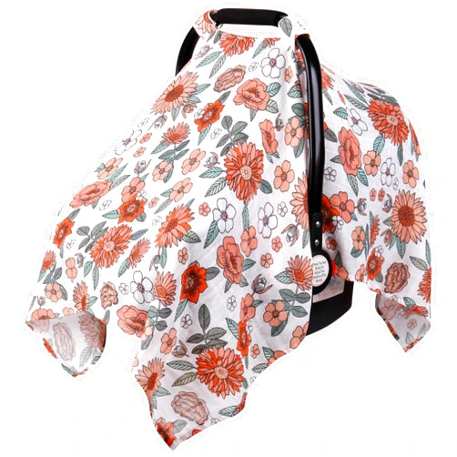Rquite Car Seat Cover, Muslin Cotton Infant Car Seat Canopy, Breathable Baby Carrier Cover, Summer Stroller Sun Shade, Flower