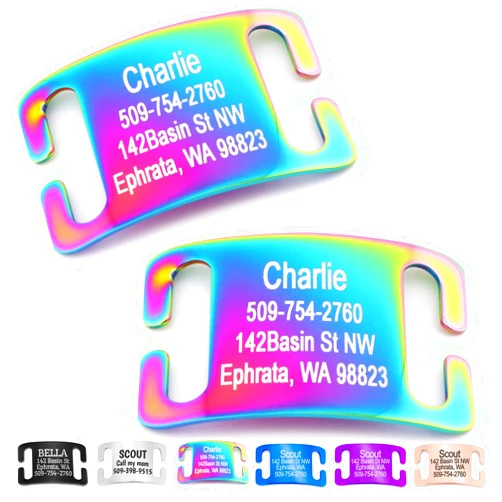 GoTags Slide-On Pet ID Tags, Curved Personalized Dog and Cat, Silent, No Noise Stainless Steel, Custom Engraved in 4 Sizes for Large and Small Pets, Rainbow