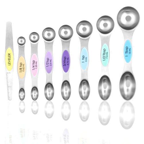 Rongyman Magnetic Measuring Spoons Set of 8 with Leveler, Stainless Steel Metal Measuring Spoon, Dual Sided for Measuring Dry and Liquid Ingredients, Teaspoon Tablespoon Measure Spoons (Multicolor)