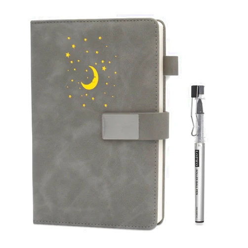 LOPWO Lined Journal Notebook with Pen for Men & Women - 192 Numbered Pages 100gsm Thick Paper Vegan Leather Hardcover Writing journals - A5 Ruled Personal Diary for Work School - Moon and Stars (Gray)