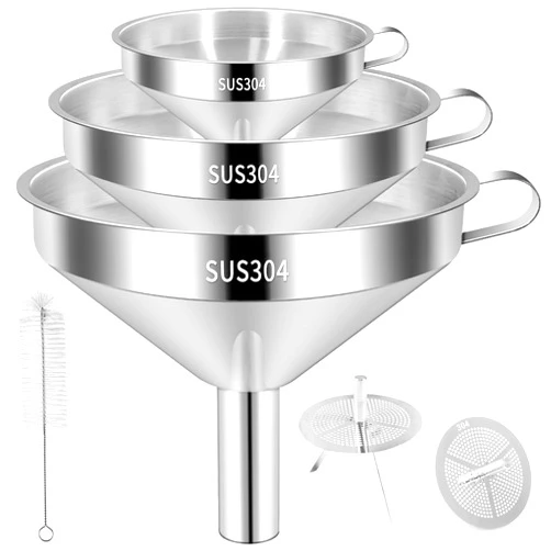 Voxmude Stainless Steel Funnel, 3 Pack Kitchen Funnel Set with 2 Removable Strainers ＆ One Cleaning Brush, Funnels Set for Filling Liquid, Oils, Juice, Salt, Dry Ingredients into Jar, Bottle, Shaker