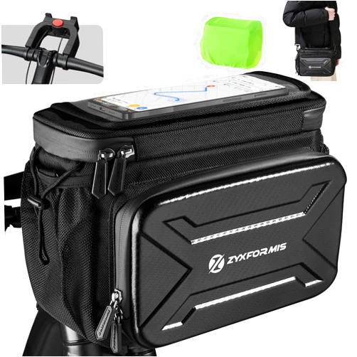 Zyxformis Bike Handlebar Bag with Touch Screen Phone Holder, 6L Large Water Resistant Bike Basket Front Bag with Handlebar Adapter, Reflective Bike Storage Pouch with Shoulder Strap for Bicycle and E-bike