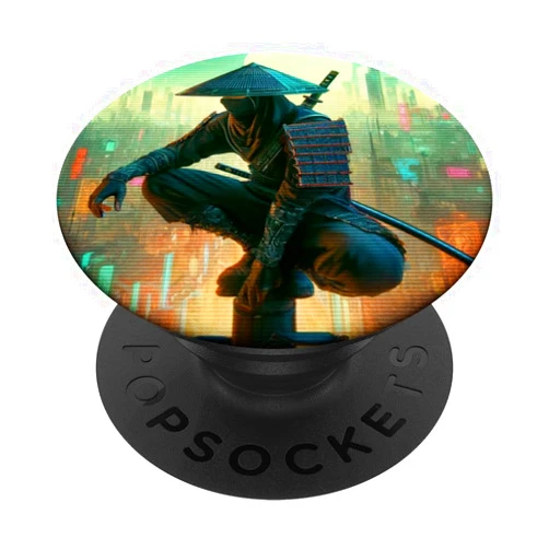 The Ghost Samurai Sword Ninja warrior Electric Pole in Japanese retro Cyberpunk City PopSockets Standard PopGrip