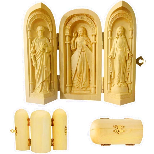 KBTPMTL 3in1 Wooden Jesus Statue, Jesus & Saint Anne & Virgin Mary 3 in 1 Wooden Carved Box Ornament, Catholic Sacramental Box, Wooden Handcrafted Sculpture for Jesus Our Lady Christian Gifts