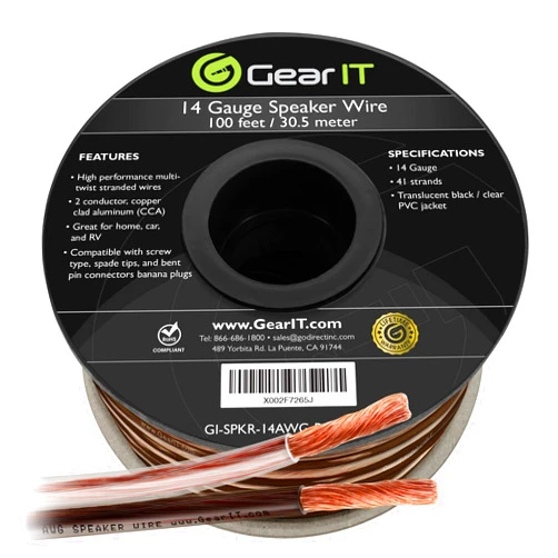 GearIT Pro Series 14AWG Speaker Wire, 14 Gauge Speaker Wire Cable (100 Feet / 30 Meters) Great Use for Home Theater Speakers and Car Speakers, Transparent Black/Clear 100 Feet Translucent Black/Clear