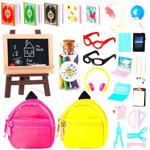 FFNIU 30 Pcs School Supplies Set, Doll Backpack, Laptops, Glasses, Blackboard, Mini Book, Palette, Paper, Ruler, Scissors, Calculator for Dolls