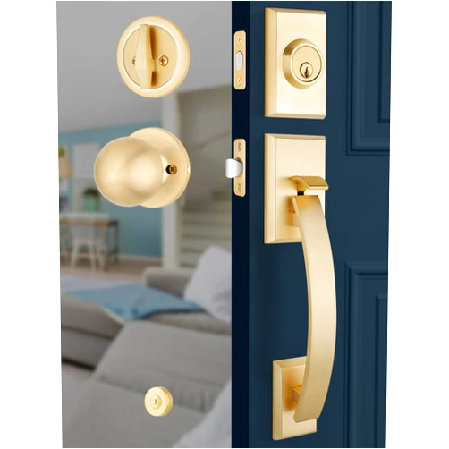 EHOMEWARE Front Door Lock Set, Front Door Handle with Single Deadbolt, Exterior Door Handle Gold, Entry Door Handle with Reversible Door Knob, Universal for Left/Right Sided Doors, Satin Brass Finish
