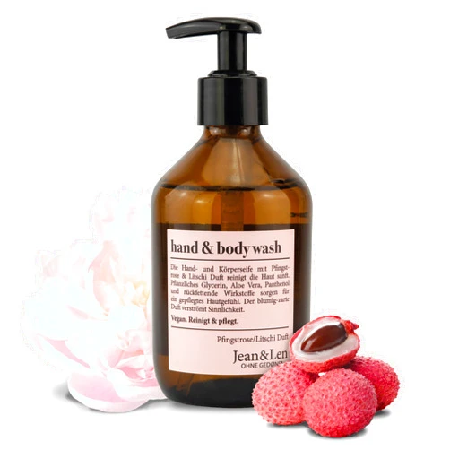 Jean & Len Hand & Body Wash Peony & Lychee, cleanses and cares for the skin while washing, delicate floral fragrance, shower gel & soap, without parabens & silicones, vegan, glass bottle 10.14 Fl. Oz.