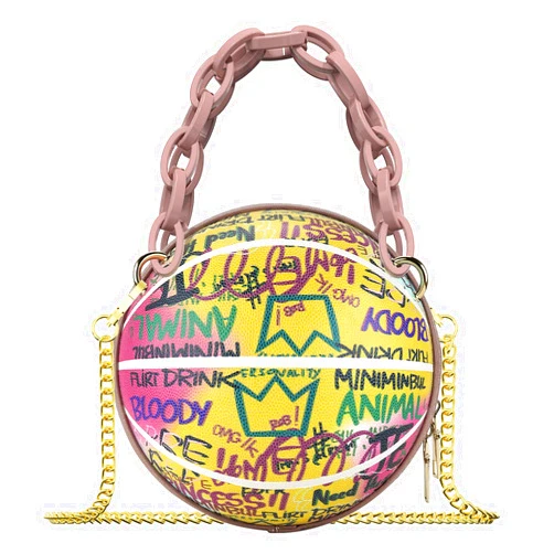 Linkidea Mini Basketball Shaped Purses for Women, Graffiti Letter Girls Small Cute Round Bag, Fashion Vegan Leather Shoulder Crossbody Messenger Handbag (Pink)