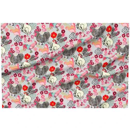 Spoonflower Fabric - Rooster Parade Barnyard Chickens Farm Birds Floral Print Roosters Fowl Printed on Petal Signature Cotton Fabric by The Yard - Sewing Quilting Apparel Crafts Decor