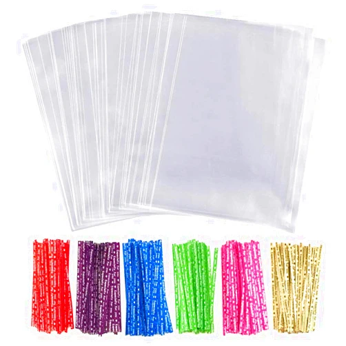 Satomoto Cellophane Treat Bags 100 Pcs Clear Cello Candy Cookie Lollipop Bakery Dessert Cello Flat Goodie Bag with 100 Twist Ties Resealable 3
