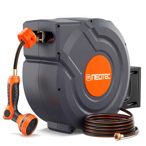 NEO-TEC Upgraded Retractable Garden Hose Reel 1/2 inch x 130 ft 9 Pattern Nozzle Wall-Mounted Any Length Lock Automatic Slow Return 180° Swivel UV Resistant Heavy Duty Hose Reels for Outside