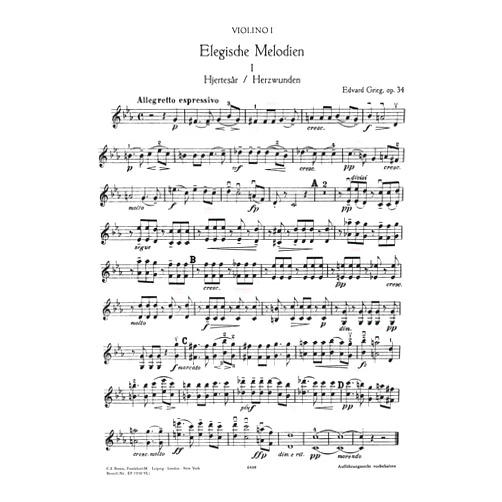 By Edvard Grieg (Composer) Two Elegiac Melodies Op. 34 (Violin 1 Part): Part(s) (Edition Peters)