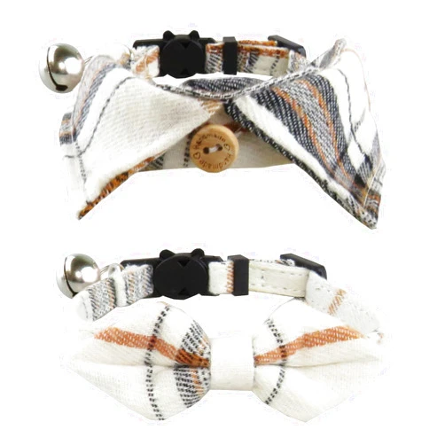 Alainzeo 2 Pack Upgraded Breakaway Cat Collar with Bow Tie and Bell, Adjustable Cute Plaid Cotton Kitten Collar for Male and Female Cats and Small Dogs(Beige)