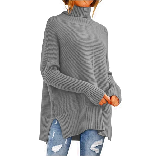 ANRABESS Women Oversized Turtleneck Long Batwing Sleeve Split Hem Pullover Knit Tunic Sweater Outfits 2024 Trendy Clothes