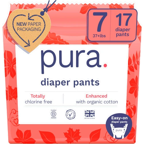 Pura Size 7 Diaper Pants - 1 x 17 Diapers (37+lbs), Pull Up Disposable Baby Diapers for Sensitive Skin, Hypoallergenic, Fragrance Free, Totally Chlorine Free, Easy-Tear Sides