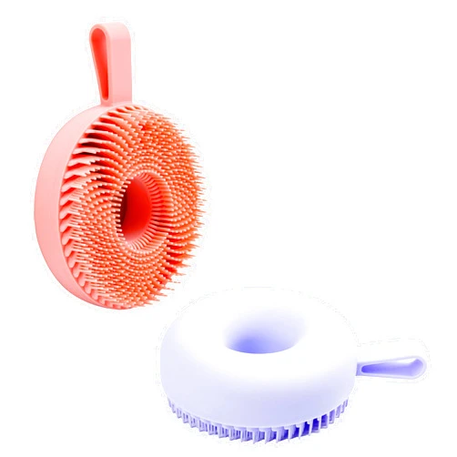MtBoi 2 PC Silicone Exfoliating Body Scrubber, Silicone Body Shampoo Brush, Soft Silicone Loofah for Sensitive Skin, Shower Silicone Hair Scalp Massager, Easy to Clean, Lather Well(Pink&Purple)