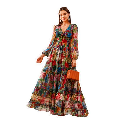 TOLEEN Summer Casual Dresses for Women 2024 Spring Fashion Boho V Neck Long Sleeve Ruffle Floral Print Elegant Maxi Dress