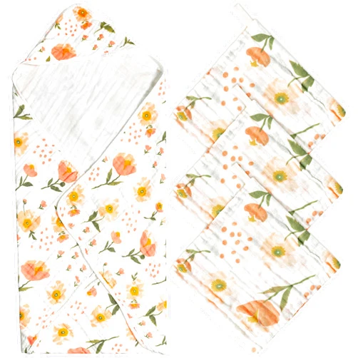 Zainpe 4Pcs Muslin Baby Hooded Towel & Washcloth Set Flowers Soft Absorbent Bath Towels Cotton Hand Towels Infant Shower Gifts for Newborn Toddler Boys Girls Feeding Teething Sleeping 31.5 X 31.5 in