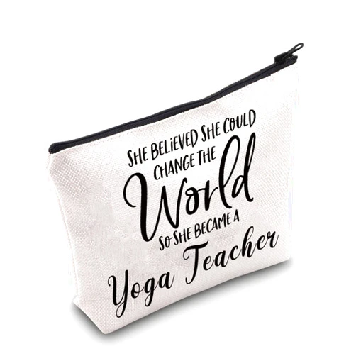 G2TUP Yoga Teacher Thank You Gift Yoga Instructor Gift She Believe She Can Change The World So She Became A Yoga Teacher Cosmetic Bag Yoga Lover Gift (She Became A Yoga Teacher White Bag)
