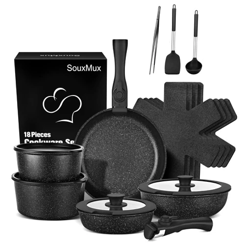 SouxMux 18 Pcs Nonstick Pots and Pans Set with Detachable Handle, Induction Compatible Oven Safe RV Cookware Set, No PFOA (BLACK)