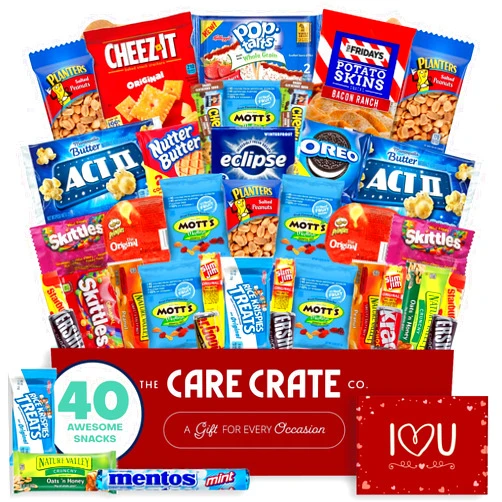 The Care Crate Co. Valentine's Day Snack Box (40 Piece Variety Gift Basket Care Package) Peanuts, Candy, Chips, Granola Bars & More - The Care Crate Co.