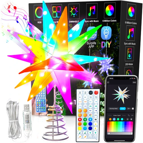 Steo spce Christmas Star Tree Topper, 8Inch Smart Lighted Treetop Christmas Tree Decorations, Bluetooth App Control Music Sync Color Changing LED Christmas Light with Remote, Indoor and Outdoor