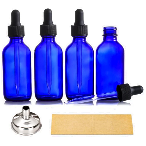 AOZITA 4 Pack, 2 oz Dropper Bottles with 1 Funnel & 4 Labels - 60ml Thick Dark Blue Glass Tincture Bottles with Eye Droppers - Leakproof Essential Oils Bottles