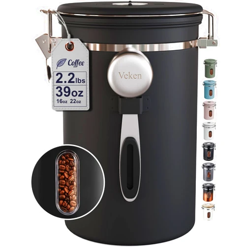 Veken Large Coffee Canister with Window, Kitchen Food Storage Airtight Stainless Steel Container for 2.2lbs Coffee Beans, Grounds, Rice,Tea, Flour, Cereal, Sugar Jars,Date Tracker and Scoop 39oz,Black