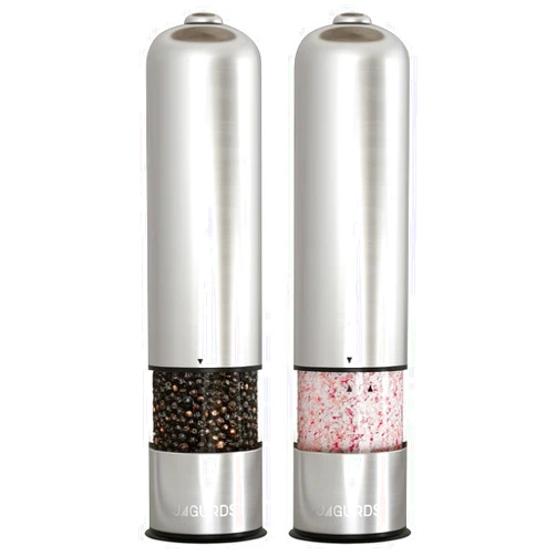 JAGURDS Electric Salt and Pepper Grinder Set - Automatic, Refillable, Battery Operated Stainless Steel Pepper Mill and Salt Grinder with Light - One Handed Push Button Salt and Pepper Shakers