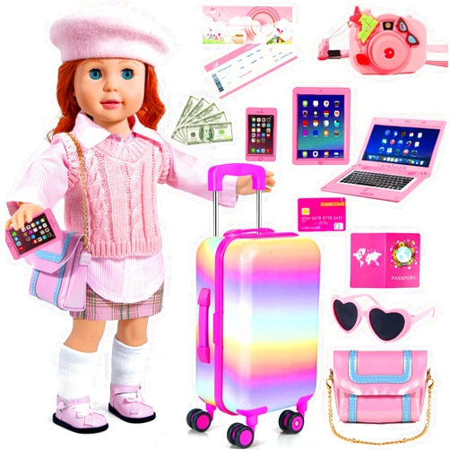 WONDOLL 18-inch-Doll-Clothes and Accessories - Doll-Travel-Suitcase Luggage, Doll-Clothes and Shoes, Bag, Sunglasses, Camera, Passport, Notebook, Phone, pad Doll Travel Gear Play Set Fit 18 inch Doll