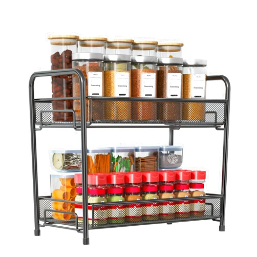 Xpatee Spice Rack Organizer for Countertop,Xpatee 2-Tier Foldable Metal Rust-Proof Standing Large Seasoning Storage Shelf with Guardrail and Mesh Design for Kitchen Cabinet Bathroom Living Room Pantry, Black