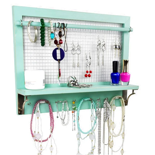 Spiretro Jewelry Organizer, Wall Mount Jewelry Holder Rack with Hooks Shelf and Removable Rod Hanging Display Earrings Necklaces Bracelets Rings Storage Accessories Wood in Shabby Chic Turquoise