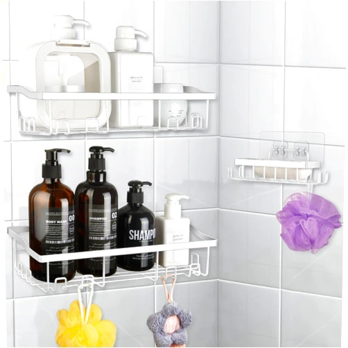HOORITO Shower Caddy,Strong Adhesive Shower Organizer Shelf with Hooks,Waterproof Bathroom Shower Shelves,No Drilling Wall Mounted Shower Rack for Bathroom, Dorm and Kitchen (White, 3Pack)