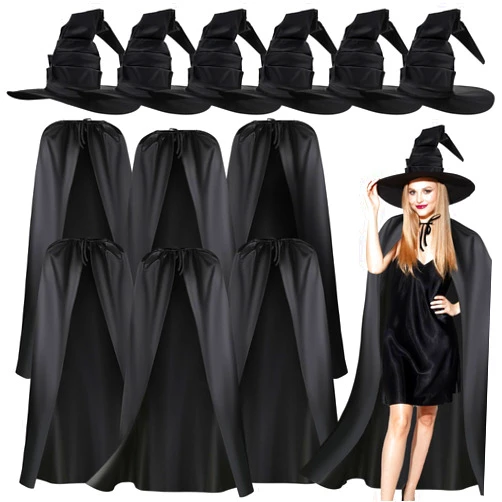 Xtinmee 12 Pcs Halloween Witch Cosplay Accessories 6 Pcs Halloween Witch Hat Large Ruched Black Witch Hat and 6 Pcs Witches Cape Black Wizard Cloak Women Costume Accessories for Carnival Party