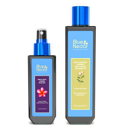 Blue Nectar Ultimate Relaxation Bundle: Sensuous Jasmine Body Massage Oil & Niraa Udupi Jasmine Body Mist | Natural Ingredients, Soothing Aromatherapy, Perfect for Relaxing Massage and Long-Lasting Fr