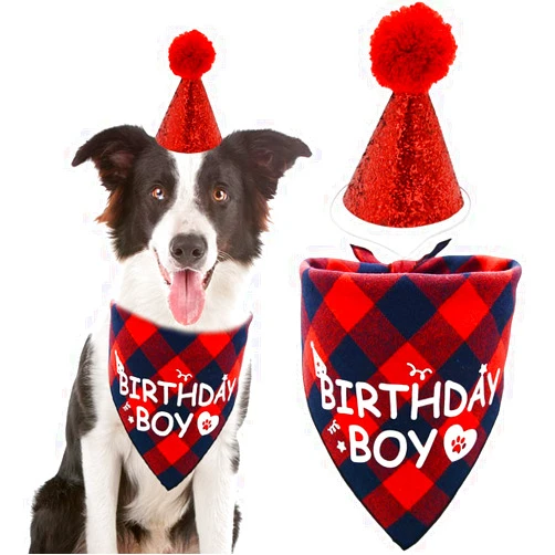 Covoroza Dog Birthday Boy Bandana and Hat Set “Birthday Boy” Print Plaid Dogs Party Supplies Triangle Scarf Bibs for Small Medium Large Pets Red