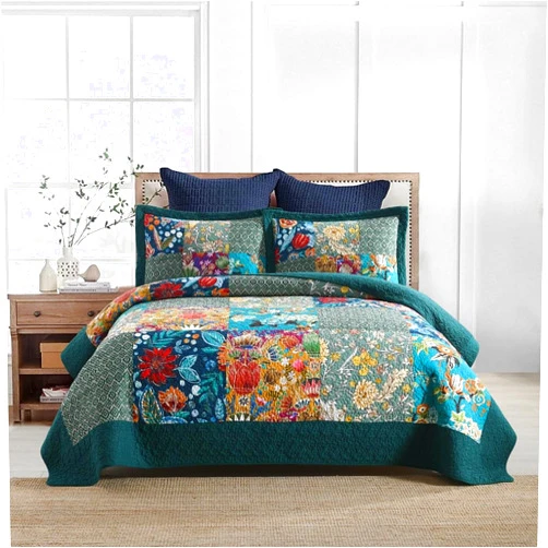 Autumn Dream Cotton Bedspread Quilt Sets Reversible Bedding Coverlet Sets Comforter, Vintage Floral Patchwork Turquoise Bedspread, Queen Size