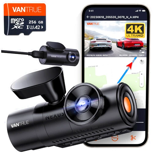 VANTRUE [ Bundle-2 Items: Vantrue N4 Pro 4K 3CH + Vantrue 256GB SD Card ] True 4K Wi-Fi 3-Channel Dashcam, STARVIS 2 IMX678 Night Vision, Infrared Cabin Camera, Voice Control GPS Car Cam for for Uber Drivers