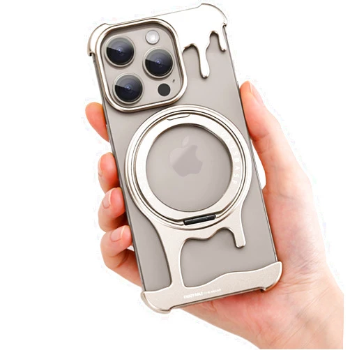 SAMORINO Metal Frameless Bumper Case for iPhone 15 Pro Case, with Kickstand 360° Rotatable Magnetic Stand, Minimalist Aluminum Bumper Protective, Bezel Less Slim Shockproof + Easy Fit, Titan Natur