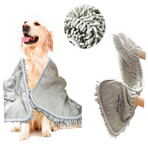 Patas Lague Absorbent Dog Towel, Extra Large 35''x15'' Quick Drying Dog Bath Towel with Hand Pockets, Microfiber Shammy Pet Towel for Dog and Cat, Machine Washable (Grey)