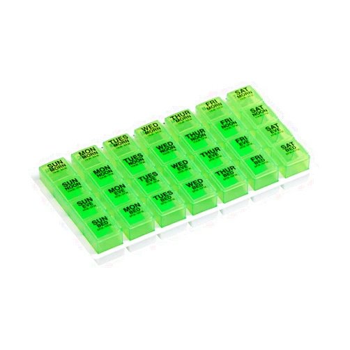 Ezy Dose Weekly (7-Day) Pill Organizer, Vitamin and Medicine Box, Large Pop-Out Compartments, 4 Times a Day, Green