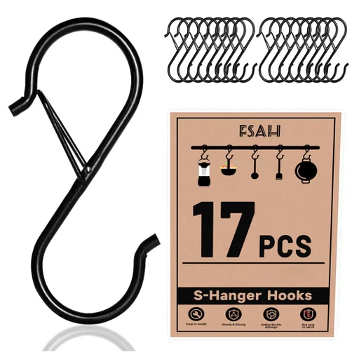 FSAH 17 Pcs S Hooks for Hanging Safety Buckle, 3.5 Inch Stainless Steel S Shaped Locking Hooks for Colleague Dorm, Kitchen, Plants Pots Towels Bags, Black